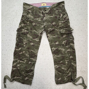 Levi Green Camo Capris Size 5 W/Ribbon Ankle Cinch Ties, Cargo & Zip Pockets Y2K